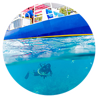 A blue boat with a scuba diver in the water near Grenada's underwater sculpture park.