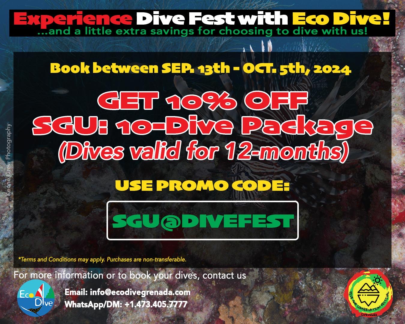 Eco Dive SGU Dive Fest special 10-dive package 10% off until Oct 5