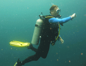 A diligent deep diver checking those numbers during a safet stop after diving on King Mitch