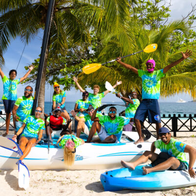 A group of people on a kayak near the Grenada Underwater Sculpture Park.