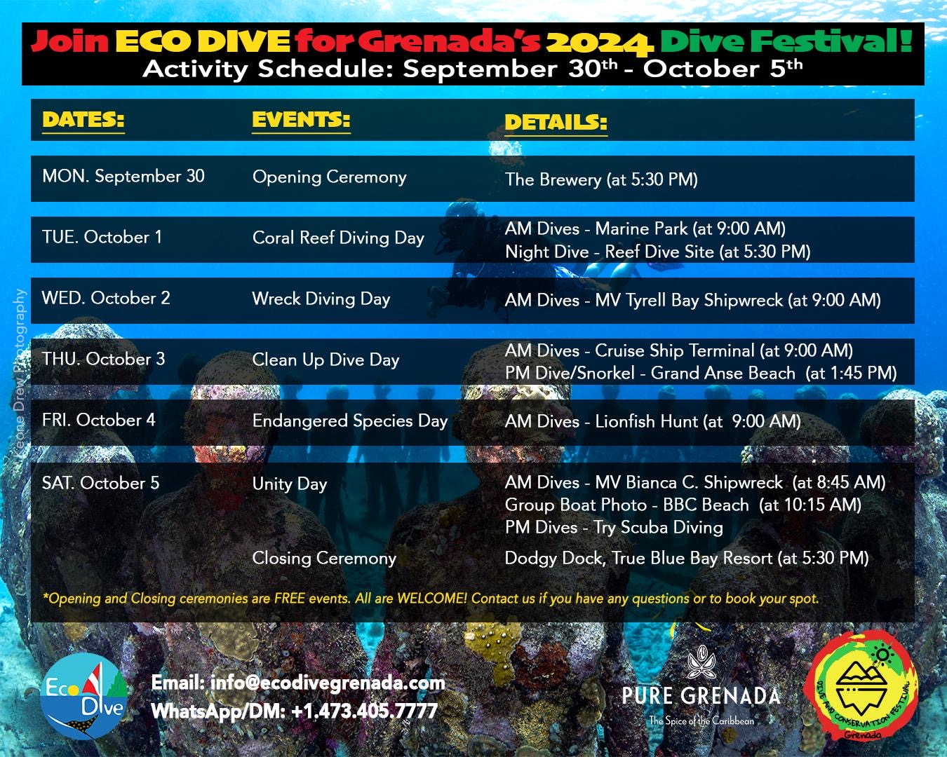 Image displaying the activity schedule for Eco Dive's 2024 Dive Fest in Grenada from September 30th to October 5th. The schedule details various daily dives, opening and closing events, and contact information.