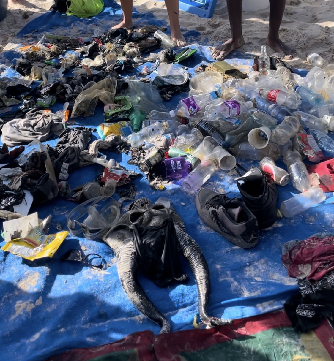 People sorting a large collection of trash, including plastic bottles, packaging, and clothing, on a blue tarp at Grand Anse Beach during Spicemas.