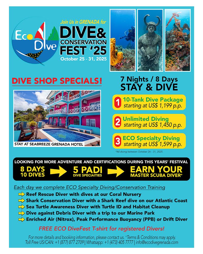 Dive & Conservation Fest 2025 Dive & Stay with Eco Dive and SeaBreeze Hotel in Pure Grenada book direct