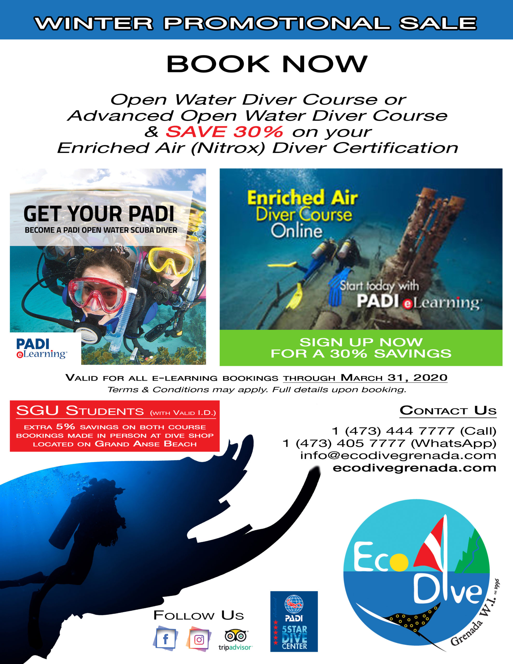 A flyer for the winter promotional sale at eco scuba dive Grenada.